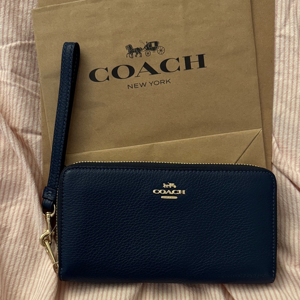 Coach Dark Blue Wristlet with Gold Accents